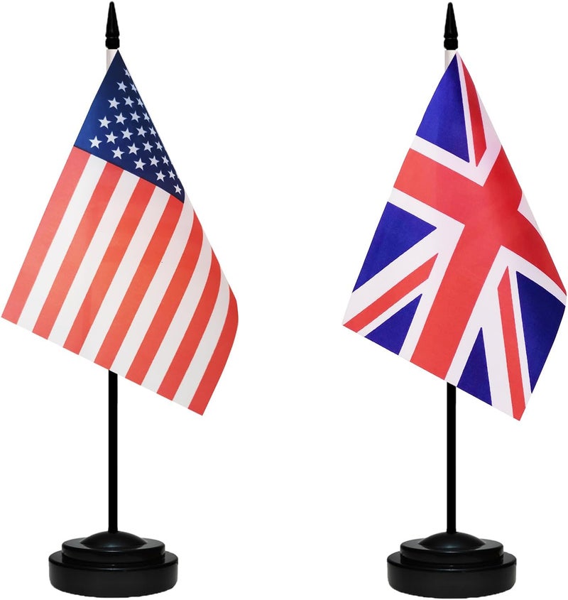tibijoy USA American & Britain United Kingdom Desk Flags, US UK Office Table Flag, Small Mini Miniature UK and US Desktop Flag With 13" Solid Black Pole, Black Base - Image 1